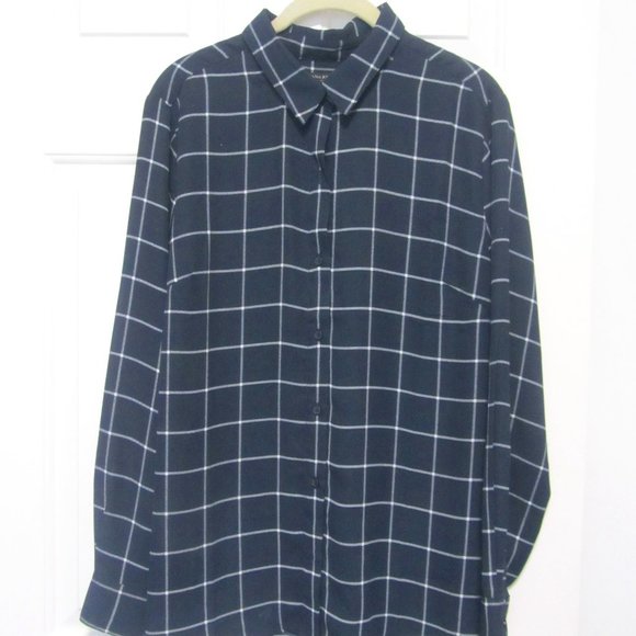 Banana Republic Women's Navy/White Checked Button Down Chiffon Blouse Women's L - Picture 1 of 3